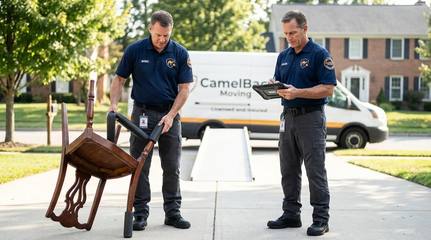 Movers inspecting furniture for damage prevention before loading in Belleview, FL